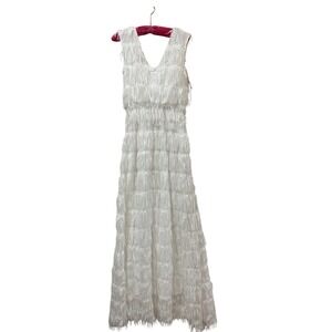 Southern Fried Chics White Fringe Maxi Dress Sequin Tiered V-Neck Medium L152-10